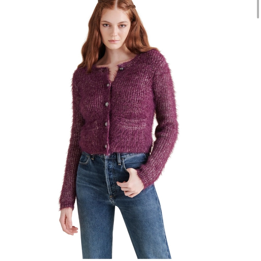 Steve Madden Maribelle Purple Fuzzy Cardigan Sweater
